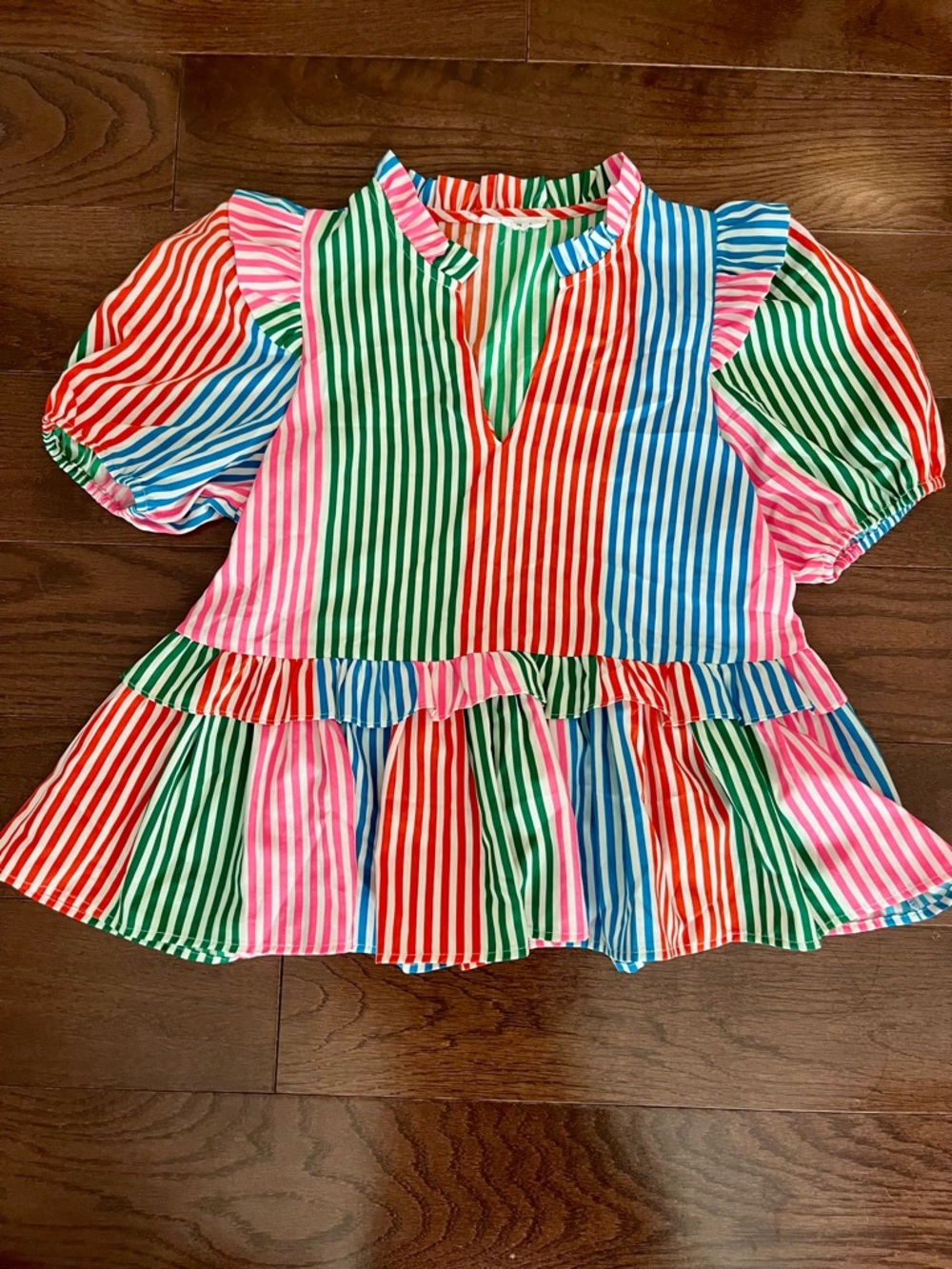 THML Multicolor Striped Peplum Top - Vibrant Pink, Green, Red, Blue